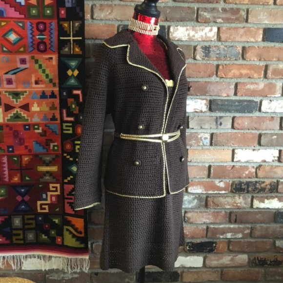 Hand Crafted Dresses Vintage 6s 2 Piece Sheer Brown Knit Dress Jacket Set Suit Gold Trim